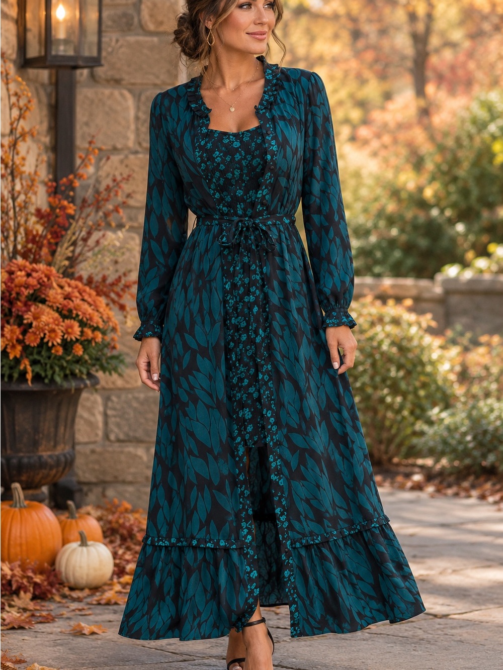 CAbi Teal and Black Leaf-Print Maxi Dress with Tie Waist